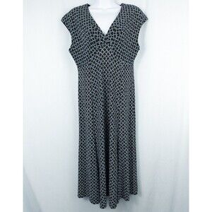 Jones Wear Dress Babydoll Cap Sleeve Size 14 Geo Print V Neck Midi Black Blue